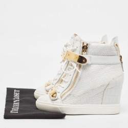 Pre Owned Giuseppe Zanotti White Croc Embossed Leather Wedge High Top Sneakers Size 36