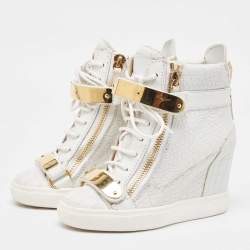 Pre Owned Giuseppe Zanotti White Croc Embossed Leather Wedge High Top Sneakers Size 36