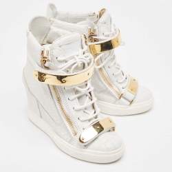 Pre Owned Giuseppe Zanotti White Croc Embossed Leather Wedge High Top Sneakers Size 36