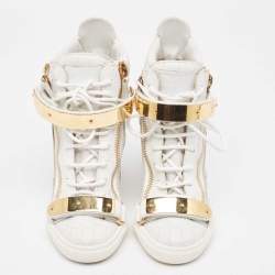 Pre Owned Giuseppe Zanotti White Croc Embossed Leather Wedge High Top Sneakers Size 36