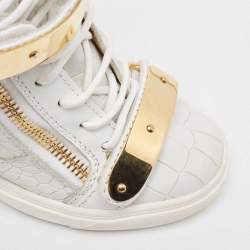 Pre Owned Giuseppe Zanotti White Croc Embossed Leather Wedge High Top Sneakers Size 36