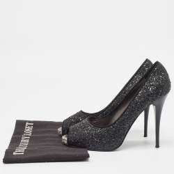 Pre Owned Giuseppe Zanotti Black Glitter Platform Peep Toe Pumps Size 37.5