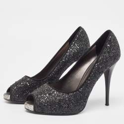 Pre Owned Giuseppe Zanotti Black Glitter Platform Peep Toe Pumps Size 37.5