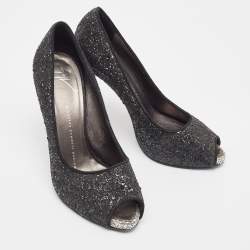 Pre Owned Giuseppe Zanotti Black Glitter Platform Peep Toe Pumps Size 37.5