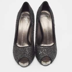Pre Owned Giuseppe Zanotti Black Glitter Platform Peep Toe Pumps Size 37.5