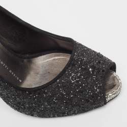 Pre Owned Giuseppe Zanotti Black Glitter Platform Peep Toe Pumps Size 37.5