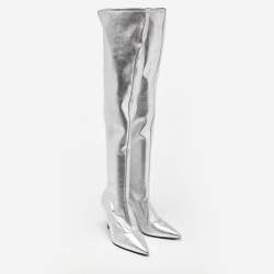 Pre Owned Giuseppe Zanotti Silver Foil Leather Over The Knee Pointed Toe Boots Size 40