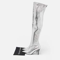 Pre Owned Giuseppe Zanotti Silver Foil Leather Over The Knee Pointed Toe Boots Size 40