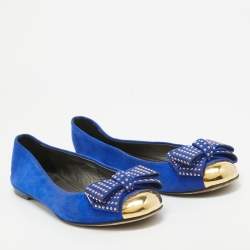 Giuseppe Zanotti Blue Suede and Gold Cap Toe Studded Bow Ballet Flats Size 38.5