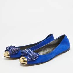Giuseppe Zanotti Blue Suede and Gold Cap Toe Studded Bow Ballet Flats Size 38.5