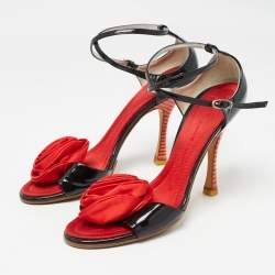 Giuseppe Zanotti Black/Red Patent Leather and Satin Rose Applique Sandals Size 37.5