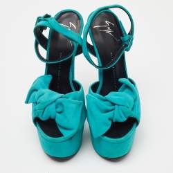 Giuseppe Zanotti Blue Suede Bow Platform Sandals Size 36