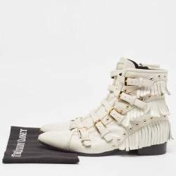 Giuseppe Zanotti Cream Leather Studded and Fringed Buckled Ankle Boots Size 39