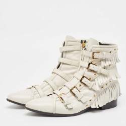 Giuseppe Zanotti Cream Leather Studded and Fringed Buckled Ankle Boots Size 39