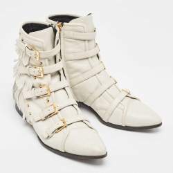 Giuseppe Zanotti Cream Leather Studded and Fringed Buckled Ankle Boots Size 39