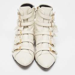 Giuseppe Zanotti Cream Leather Studded and Fringed Buckled Ankle Boots Size 39