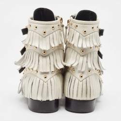 Giuseppe Zanotti Cream Leather Studded and Fringed Buckled Ankle Boots Size 39