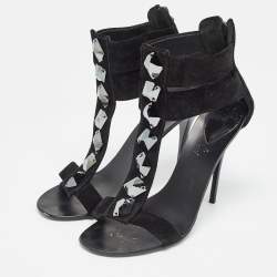 Giuseppe Zanotti Black Suede Crystal Embellished T-Bar Ankle Strap Sandals Size 37.5