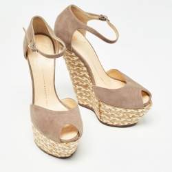 Pre Owned Giuseppe Zanotti Beige Suede Wedges Peep Toe Espadrille Size 36