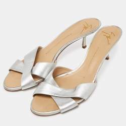 Giuseppe Zanotti Silver Leather Slide Sandals Size 39