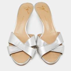 Giuseppe Zanotti Silver Leather Slide Sandals Size 39