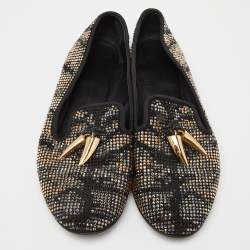 Giuseppe Zanotti Black Crystal Embellished Suede Shark Tooth Smoking Slippers Size 38.5