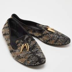 Giuseppe Zanotti Black Crystal Embellished Suede Shark Tooth Smoking Slippers Size 38.5