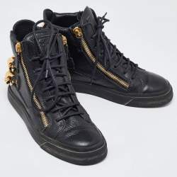 Giuseppe Zanotti Black Leather Chain Embellished High Top Sneakers Size 38