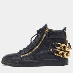 Giuseppe Zanotti Black Leather Chain Embellished High Top Sneakers Size 38