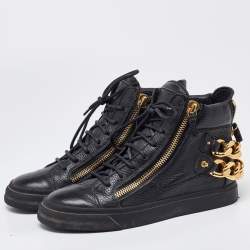 Giuseppe Zanotti Black Leather Chain Embellished High Top Sneakers Size 38