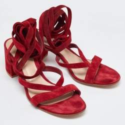 Pre Owned Gianvito Rossi Red Suede Block Heel Ankle Wrap Sandals Size 41