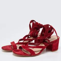 Pre Owned Gianvito Rossi Red Suede Block Heel Ankle Wrap Sandals Size 41