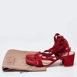 Pre Owned Gianvito Rossi Red Suede Block Heel Ankle Wrap Sandals Size 41