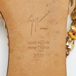 Giuseppe Zanotti Beige/Gold Leather Crystal Embellished Chain Thong Flat Sandals Size 38.5