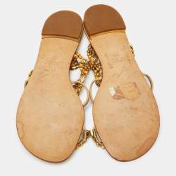 Giuseppe Zanotti Beige/Gold Leather Crystal Embellished Chain Thong Flat Sandals Size 38.5