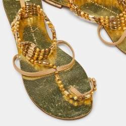 Giuseppe Zanotti Beige/Gold Leather Crystal Embellished Chain Thong Flat Sandals Size 38.5