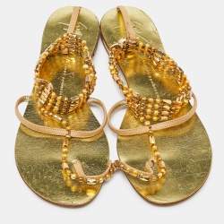 Giuseppe Zanotti Beige/Gold Leather Crystal Embellished Chain Thong Flat Sandals Size 38.5