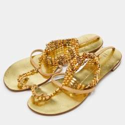 Giuseppe Zanotti Beige/Gold Leather Crystal Embellished Chain Thong Flat Sandals Size 38.5