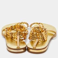Giuseppe Zanotti Beige/Gold Leather Crystal Embellished Chain Thong Flat Sandals Size 38.5