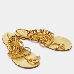 Giuseppe Zanotti Beige/Gold Leather Crystal Embellished Chain Thong Flat Sandals Size 38.5