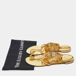 Giuseppe Zanotti Beige/Gold Leather Crystal Embellished Chain Thong Flat Sandals Size 38.5
