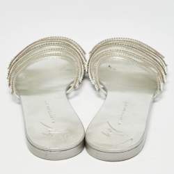 Pre Owned Giuseppe Zanotti Silver Crystal Embellished Leather Strappy Slides Size 41