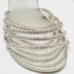 Pre Owned Giuseppe Zanotti Silver Crystal Embellished Leather Strappy Slides Size 41