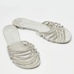 Pre Owned Giuseppe Zanotti Silver Crystal Embellished Leather Strappy Slides Size 41