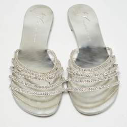 Pre Owned Giuseppe Zanotti Silver Crystal Embellished Leather Strappy Slides Size 41