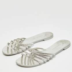 Pre Owned Giuseppe Zanotti Silver Crystal Embellished Leather Strappy Slides Size 41