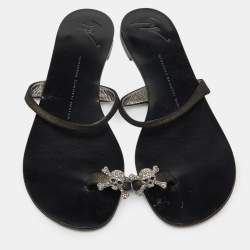 Giuseppe Zanotti Black Suede Crystal Skull  Toe Ring Sandals Size 38