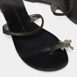 Giuseppe Zanotti Black Suede Crystal Skull  Toe Ring Sandals Size 38