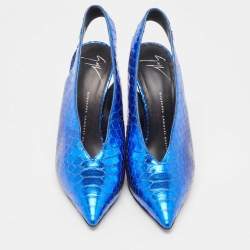 مملوكة مسبقًا Giuseppe Zanotti Metallic Blue Embossed Python Slingback Pumps Size 38