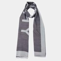 Pre Owned Givenchy Charcoal Grey Logo Jacquard Silk & Wool Scarf